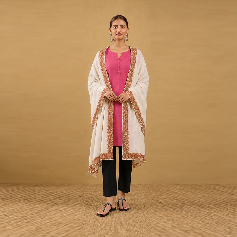 Women's plain with border embroidery Semi Pashmina Shawl